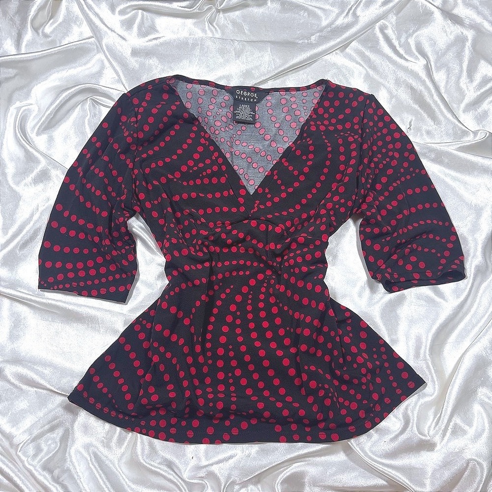 y2k Blouse Black Red Excellent George Stretch Dot Swirl V-Neck Top GLS71343C